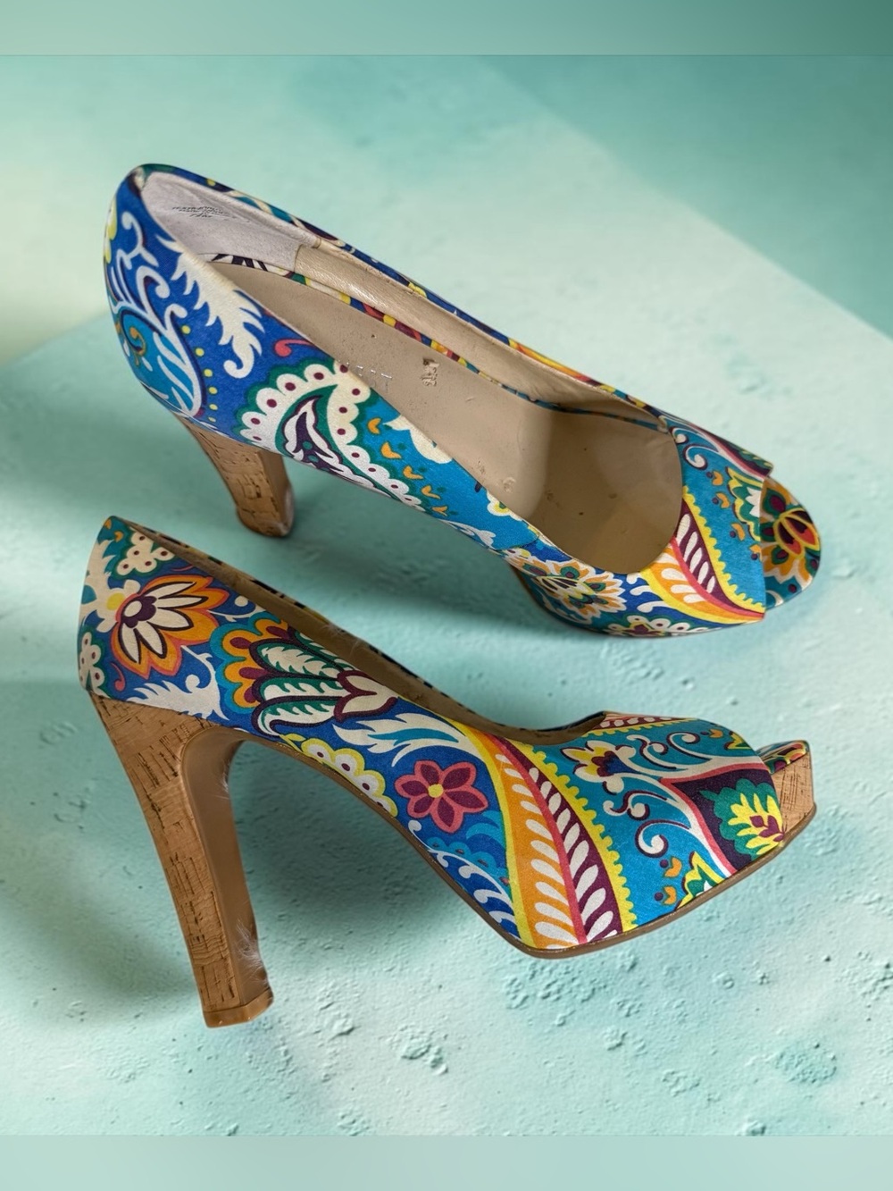 Nine West Vibrant Floral Peep-Toe Heels in Blue, Yellow & Teal